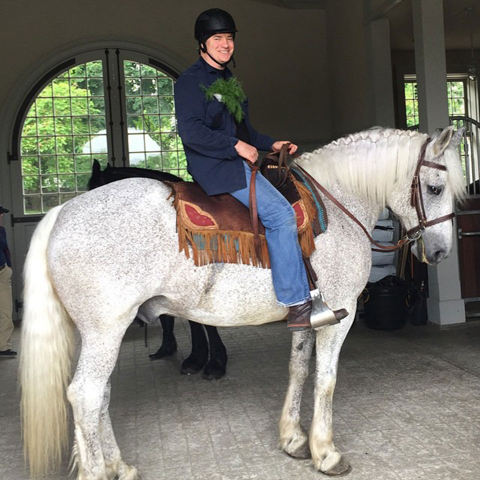 Brendan Fraser Brendan Fraser sits atop his horse Pecas in New York in June 2015Credit: Martha Stewart/Instagram