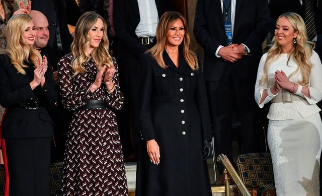 First Lady Melania Trump (C) is greeted by the audience, surrounded by family members (from L-R, Jared Kushner and Ivanka Trump, Lara Trump and Tiffany Trump), as she arrives for US President Donald Trump's State of the Union address at the US Capitol in Washington, DC on February 5, 2019.Credit: MANDEL NGAN/AFP via Getty