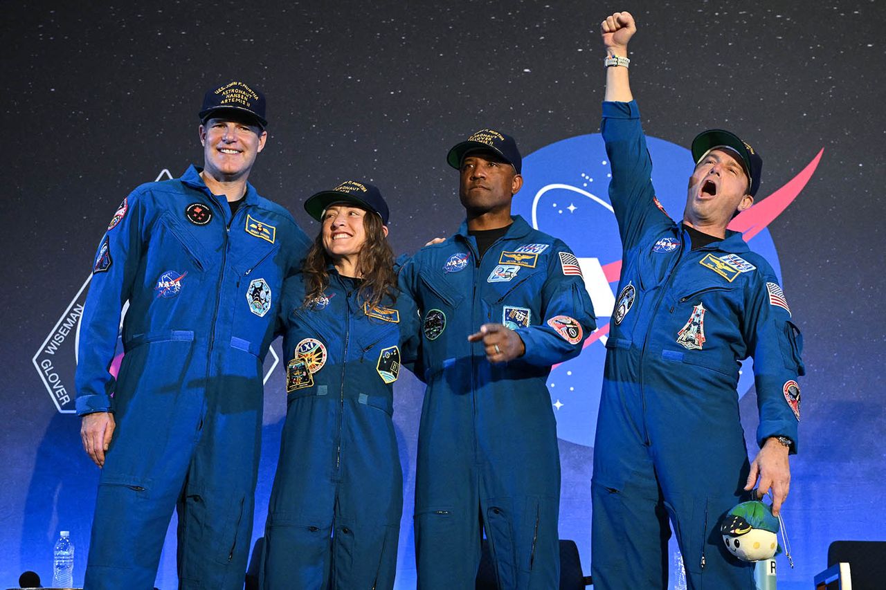 NASA's Artemis II mission astronauts Canadian Space Agency's Jeremy Hansen, Christina Koch, Victor Glover and commander Reid Wiseman react during a welcoming ceremony at Ellington Field Joint Reserve Base in Houston, Texas, on April 11, 2026 Artemis II mission astronauts Jeremy Hansen, Christina Koch, Victor Glover and Reid WisemanCredit: RONALDO SCHEMIDT / AFP via Getty