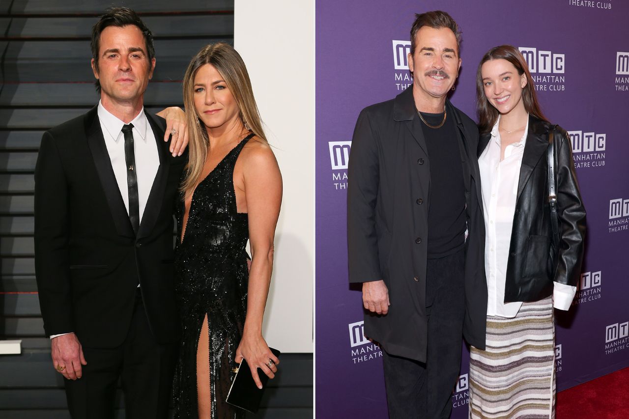 Justin Theroux (left) and Jennifer Aniston (right) in 2017, Justin Theroux (left) and Nicole Brydon Bloom (right) in 2026.Credit: Photo by JB Lacroix/WireImage; Photo by Michael Loccisano/Getty