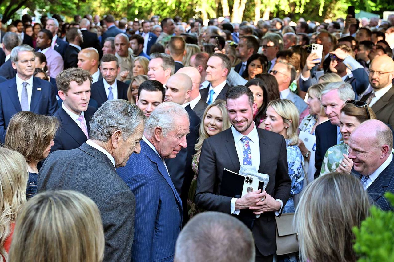 King Charles greets guests at a garden party at the British embassy on April 27, 2026Credit: Roberto Schmidt/Getty