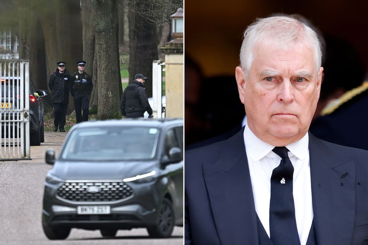 (Left) An unmarked vehicle outside the gates of the Royal Lodge, Andrew Mountbatten-Windsor's former residence in Windsor Great Park on Feb. 20, 2026; (Right) Prince Andrew at the Duchess of Kent's funeral on Sept. 16, 2025.Credit: Leon Neal/GettY; Max Mumby/Indigo/Getty