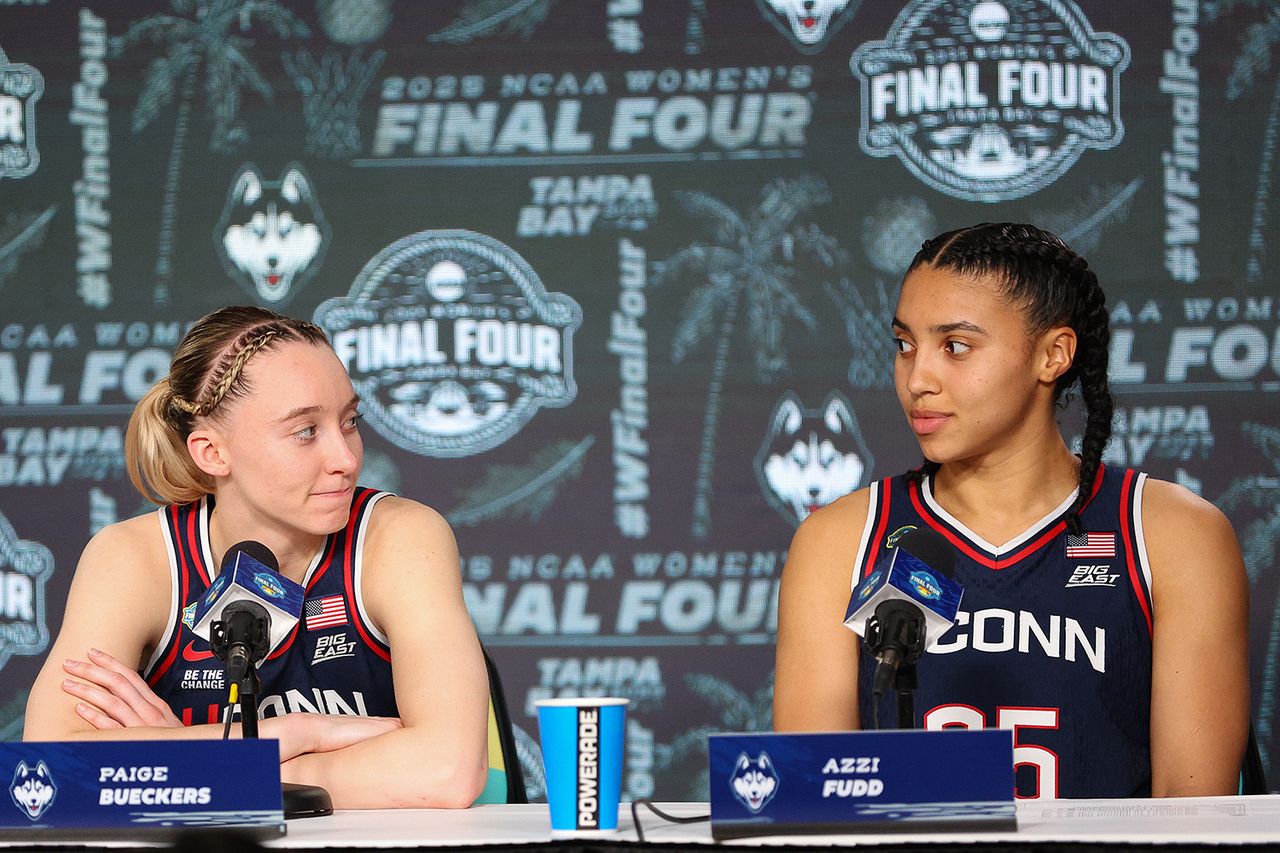 Paige Bueckers and Azzi Fudd in April 2025.Credit: M. Anthony Nesmith/Icon Sportswire via Getty