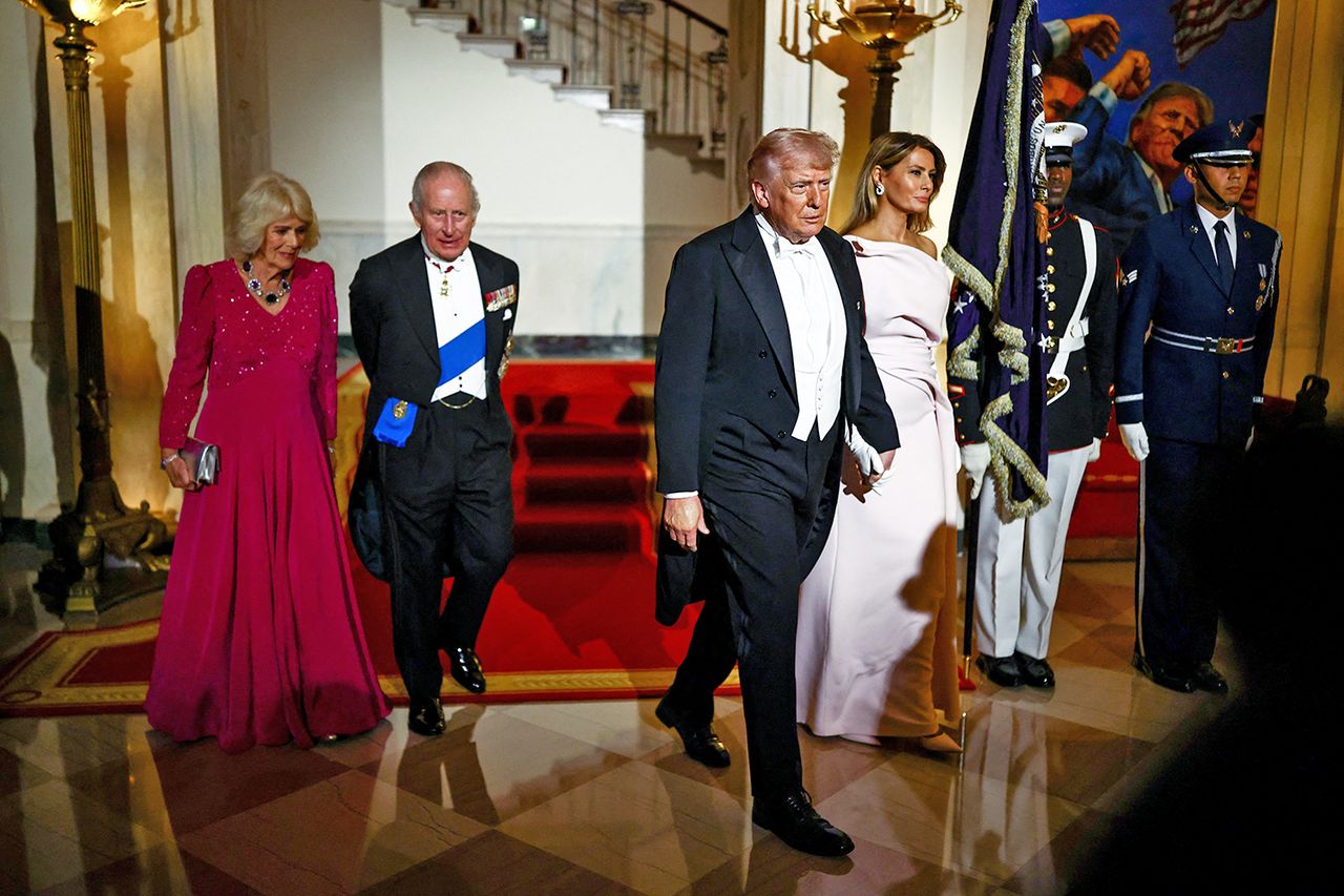 Queen Camilla, King Charles, Donald Trump and Melania Trump arrive for a state dinner at the White House on April 28, 2026Credit: HENRY NICHOLLS / AFP via Getty
