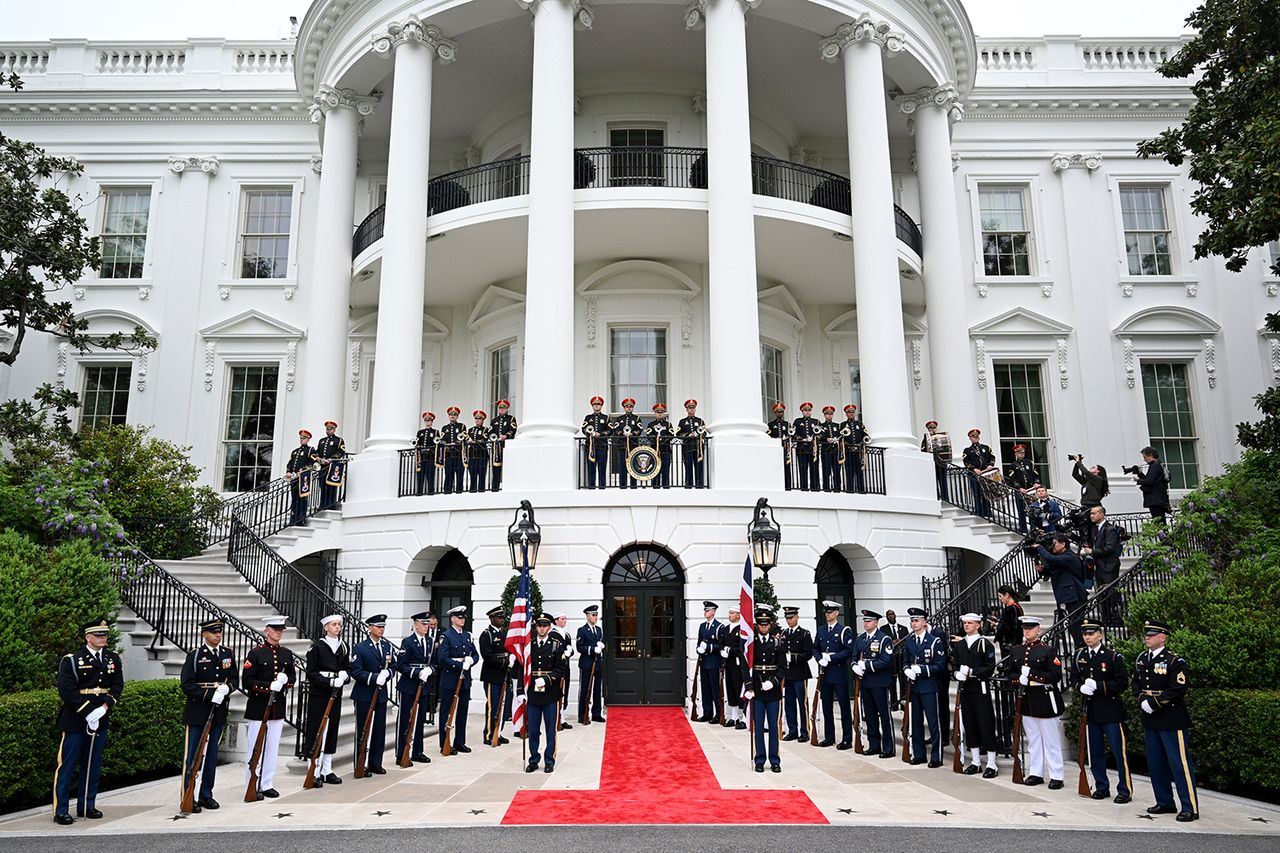 A U.S. Military Color Guard prepares to welcome King Charles and Queen Camilla to an official state dinner at the White House on April 28, 2026.Credit: Samir Hussein/WireImage