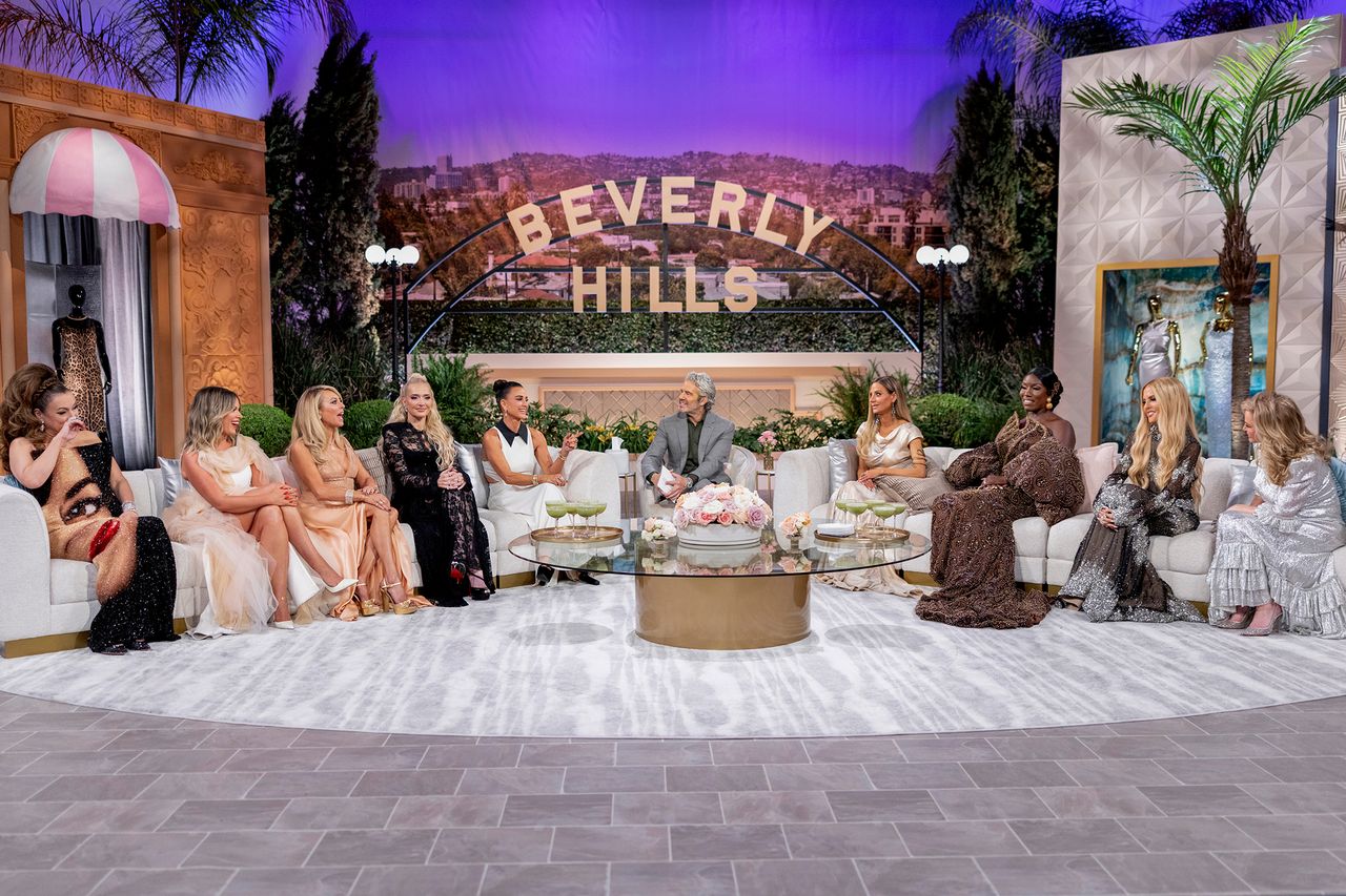 Jennifer Tilly, Amanda Frances, Sutton Stracke, Erika Jayne, Kyle Richards, Andy Cohen, Dorit Kemsley, Bozoma Saint John, Rachel Zoe and Kathy Hilton during the 'RHOBH' reunionCredit: Griffin Nagel/Bravo