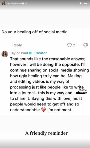 Taylor Frankie Paul responds to fanCredit: Taylor Frankie Paul/Instagram