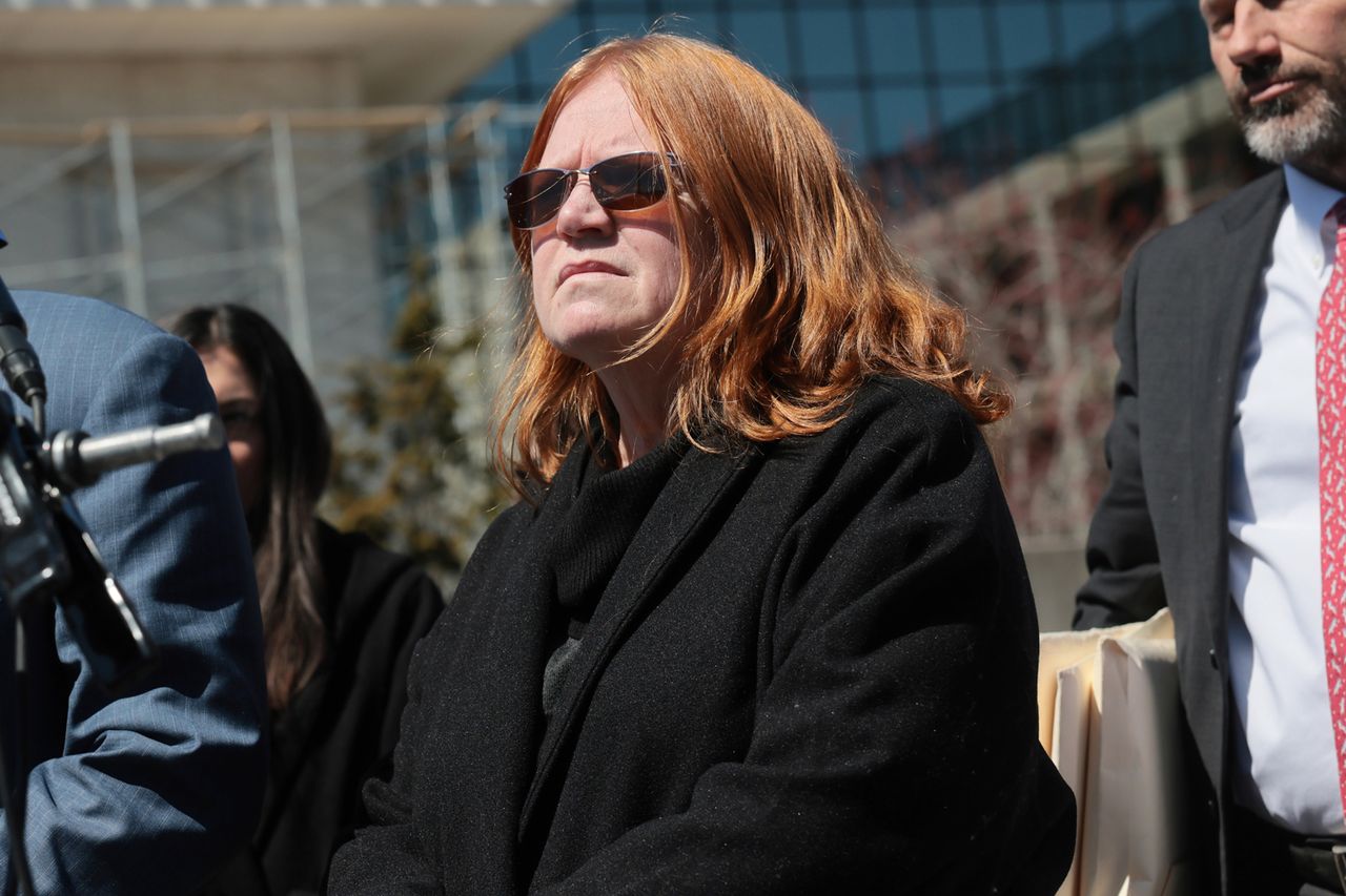 Asa Ellerup speaks to the media on April 08, 2026, in Riverhead, New York.Credit: Spencer Platt/Getty