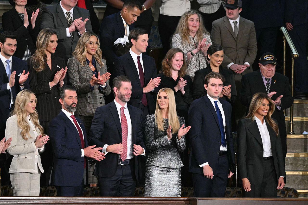 Donald Trump Jr Eric Trump Jared Kushner Tiffany Trump in an audience setting part of a group applauding The Trump family attends President Donald Trump's State of the Union address on Feb. 24, 2026Credit: Mandel NGAN / AFP via Getty