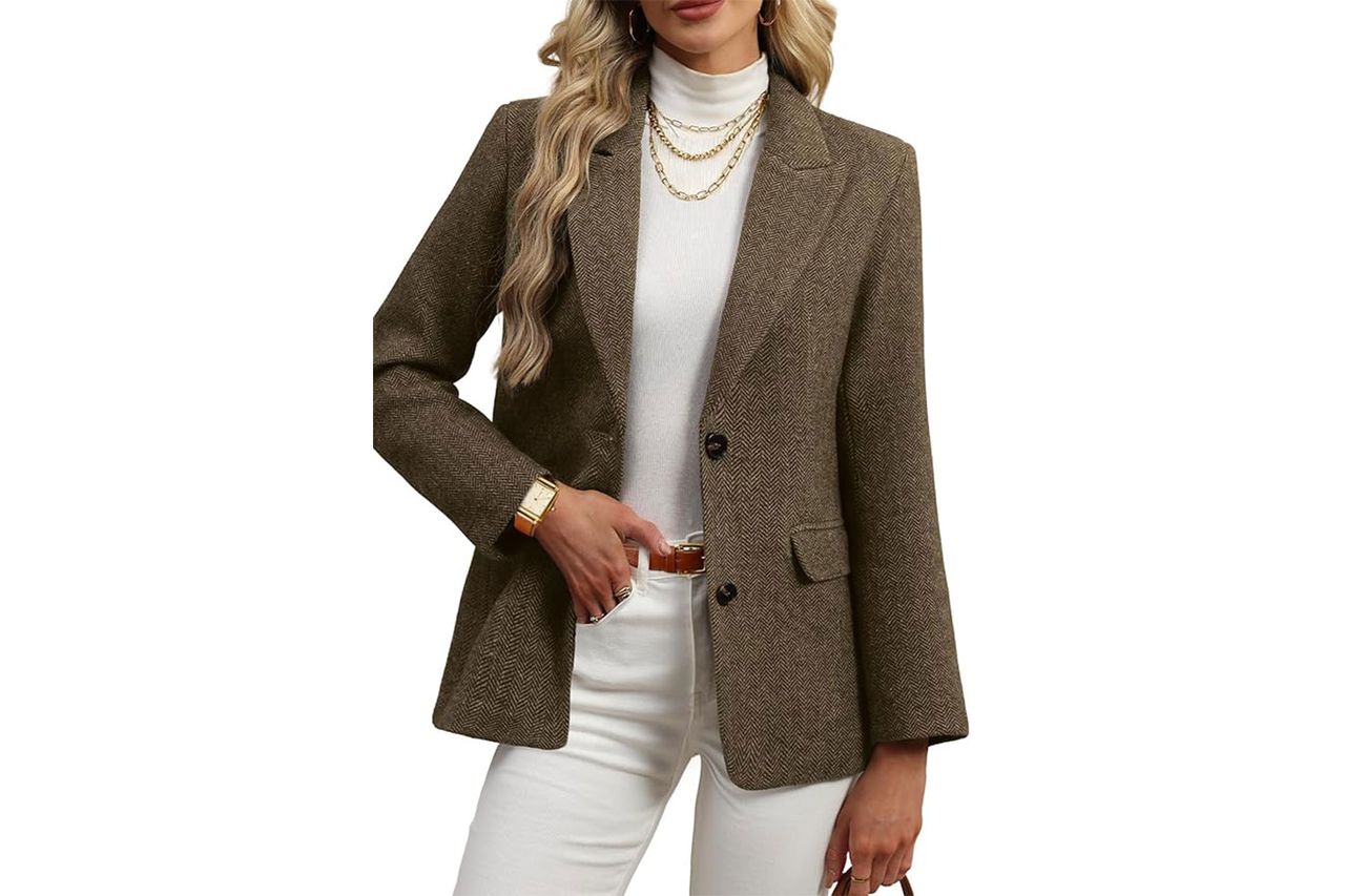 ELLEVEN Womens Wool Blend Tweed Warm Blazers Herringbone Credit: Amazon