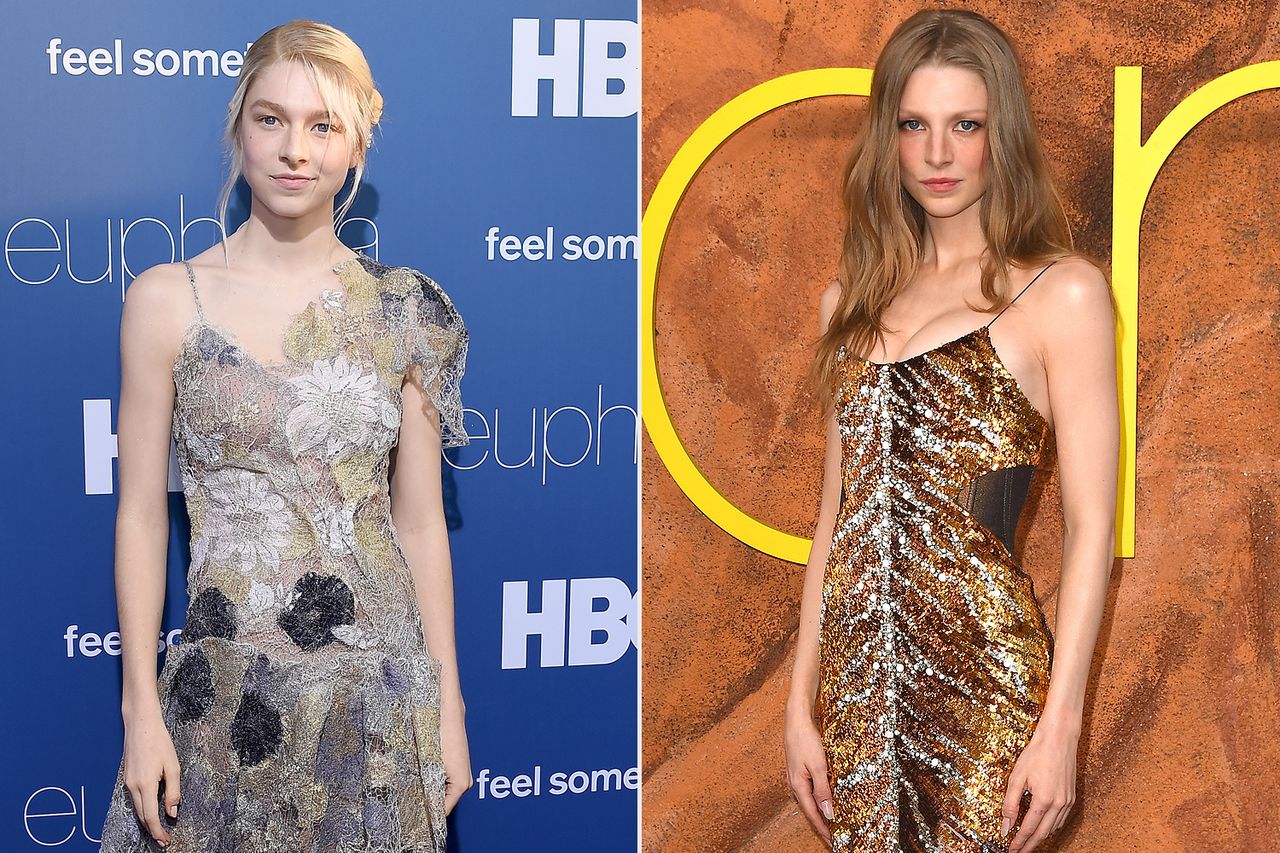 Two women posing at separate events wearing different styled dresses standing in front of different textured backdrops Hunter Schafer in 2019; in 2026Credit: Getty(2)