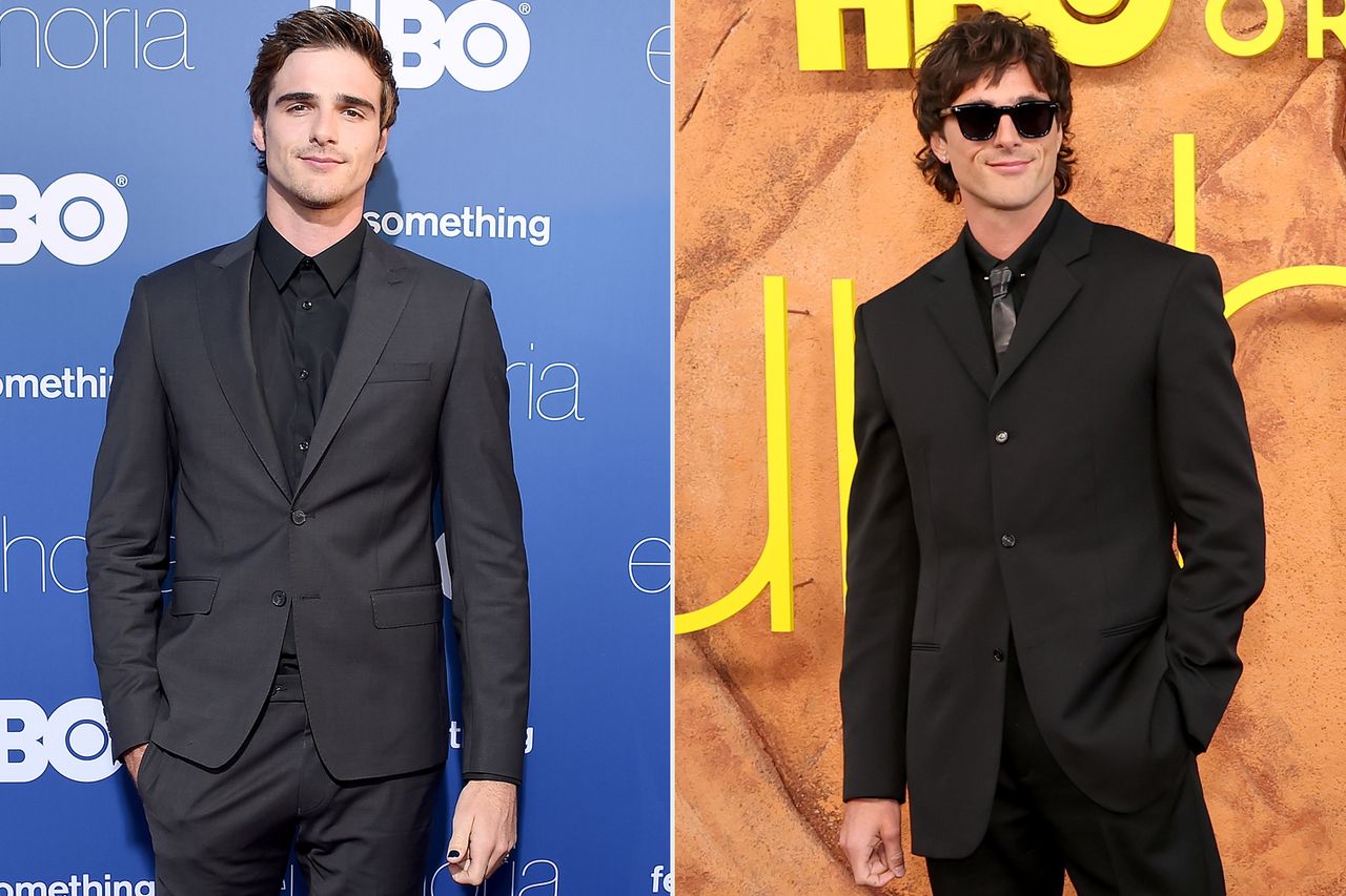Two individuals wearing suits at separate events one standing before a blue backdrop and the other with sunglasses against a tan background Jacob Elordi in 2019; in 2026Credit: Getty(2)