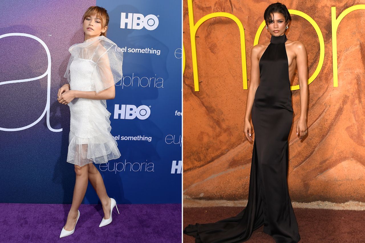 Zendaya appears in two different outfits one white dress at a purple carpet event and another black dress at a separate event on an orange backdrop Zendaya in 2019; in 2026Credit: Getty(2)