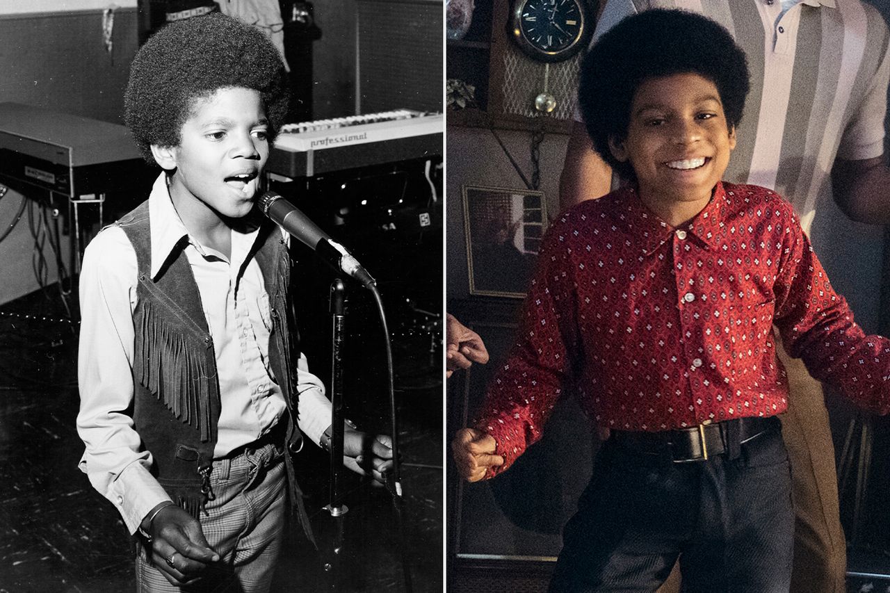 Juliano Valdi as Young Michael Jackson in 'Michael'; Michael Jackson performs in 1970.Credit: Glen Wilson/Lionsgate; Michael Ochs Archives/Getty