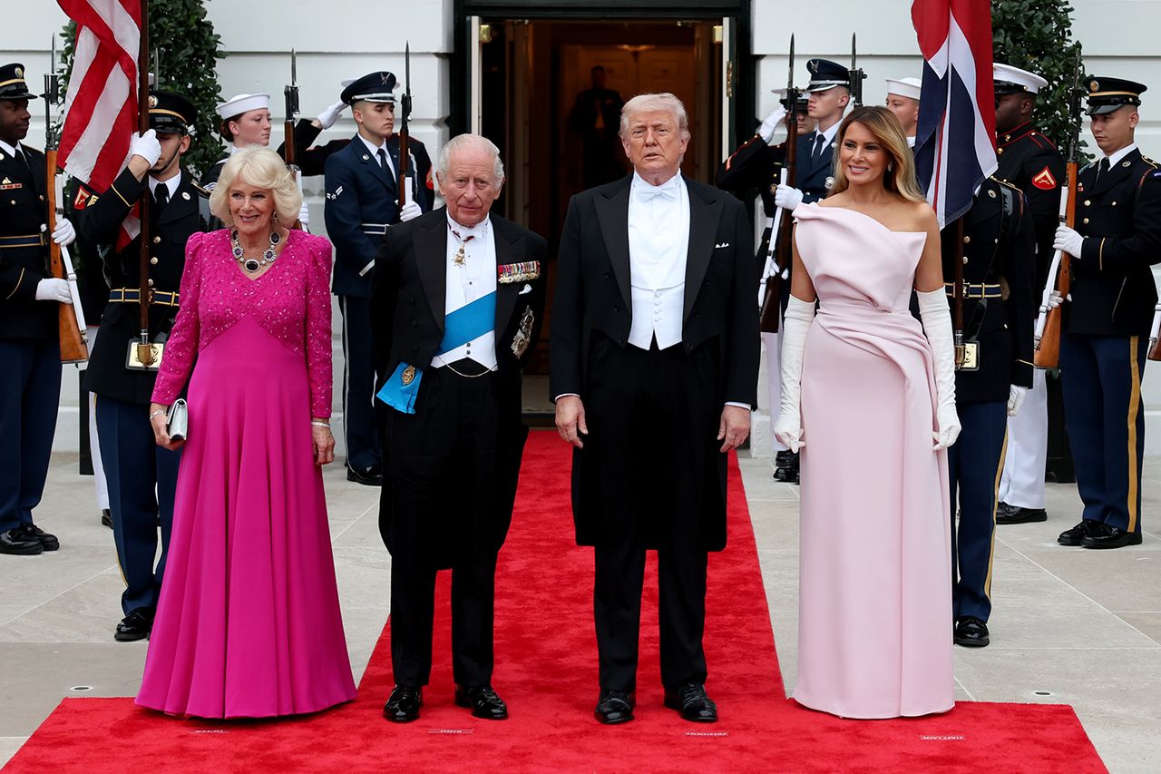 Queen Camilla, King Charles, President Donald Trump and first lady Melania Trump pose at the base of the Grand Staircase during an official state dinner at the White House on April 28, 2026.Credit: Chris Jackson/Getty