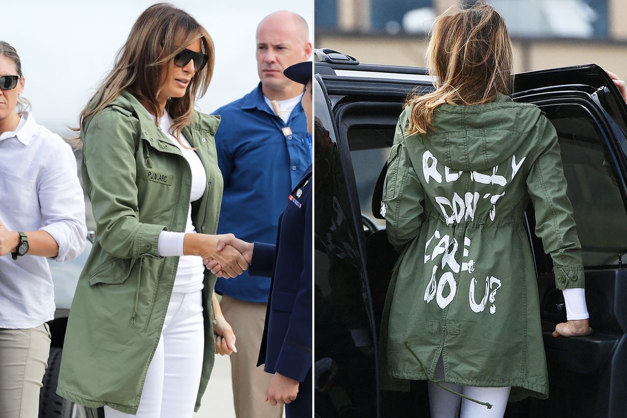 U.S. first lady Melania Trump wearing a jacket emblazon onJune 21, 2018 at Joint Base Andrews, Maryland First Lady Melania Trump on June 21, 2018Credit: Chip Somodevilla/Getty; MANDEL NGAN/AFP via Getty