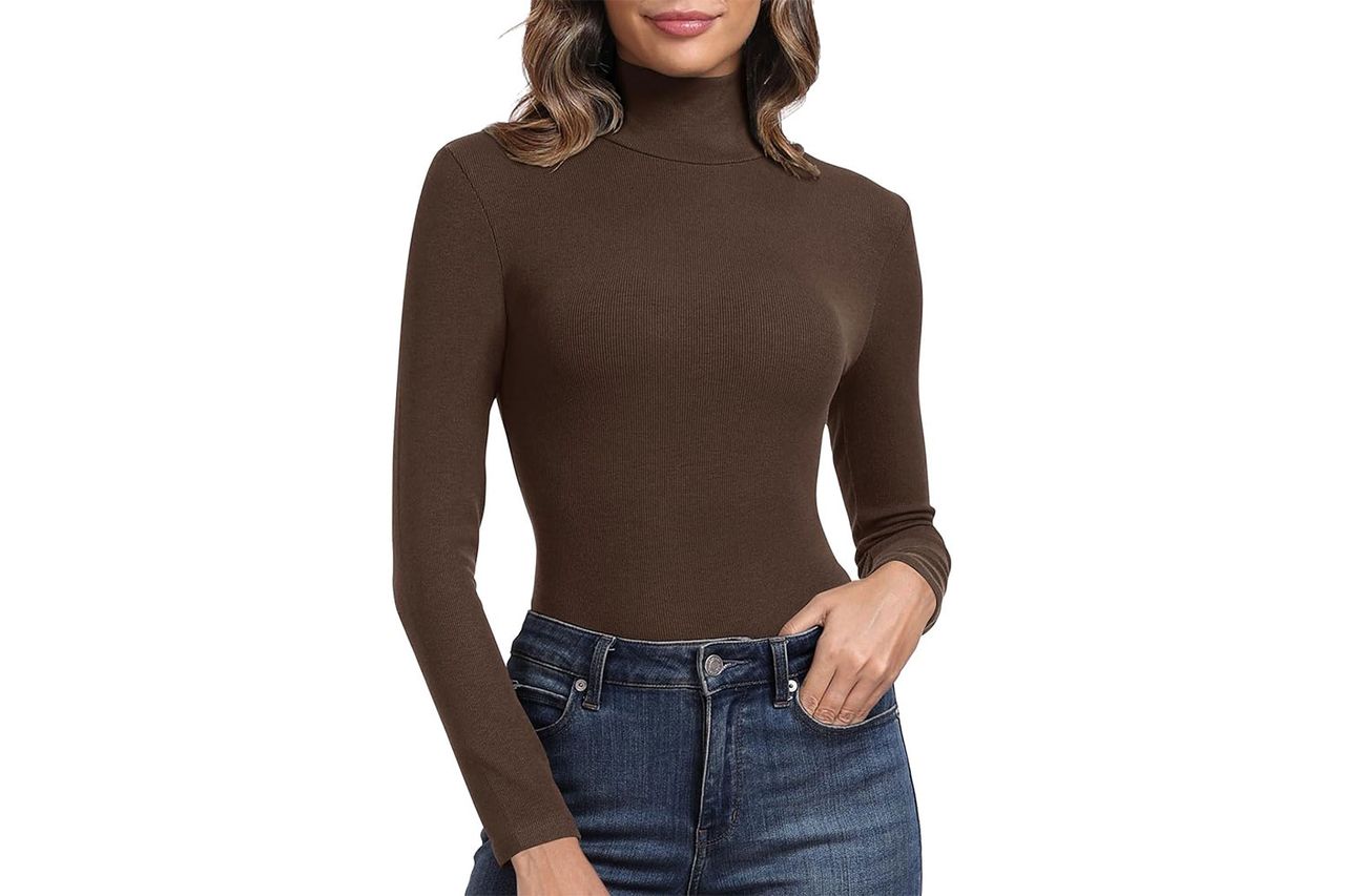 PALINDA Women's Ribbed Turtleneck Fitted Long Sleeve Shirts Basic T Credit: Amazon
