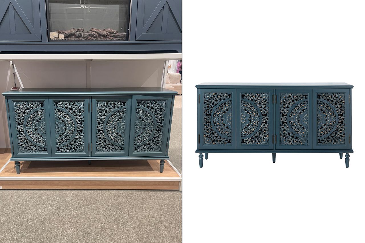Sideboard with ornate panel designs displayed in a showroom and standalone setting Credit: Wayfair (1)