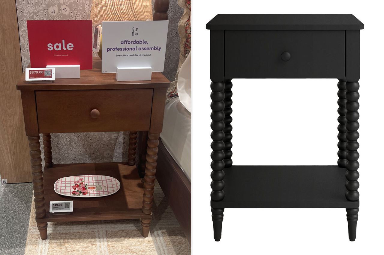A wooden nightstand with spindle legs and a single drawer shown next to a rendered image of the same design in a darker finish Credit: Wayfair (1)