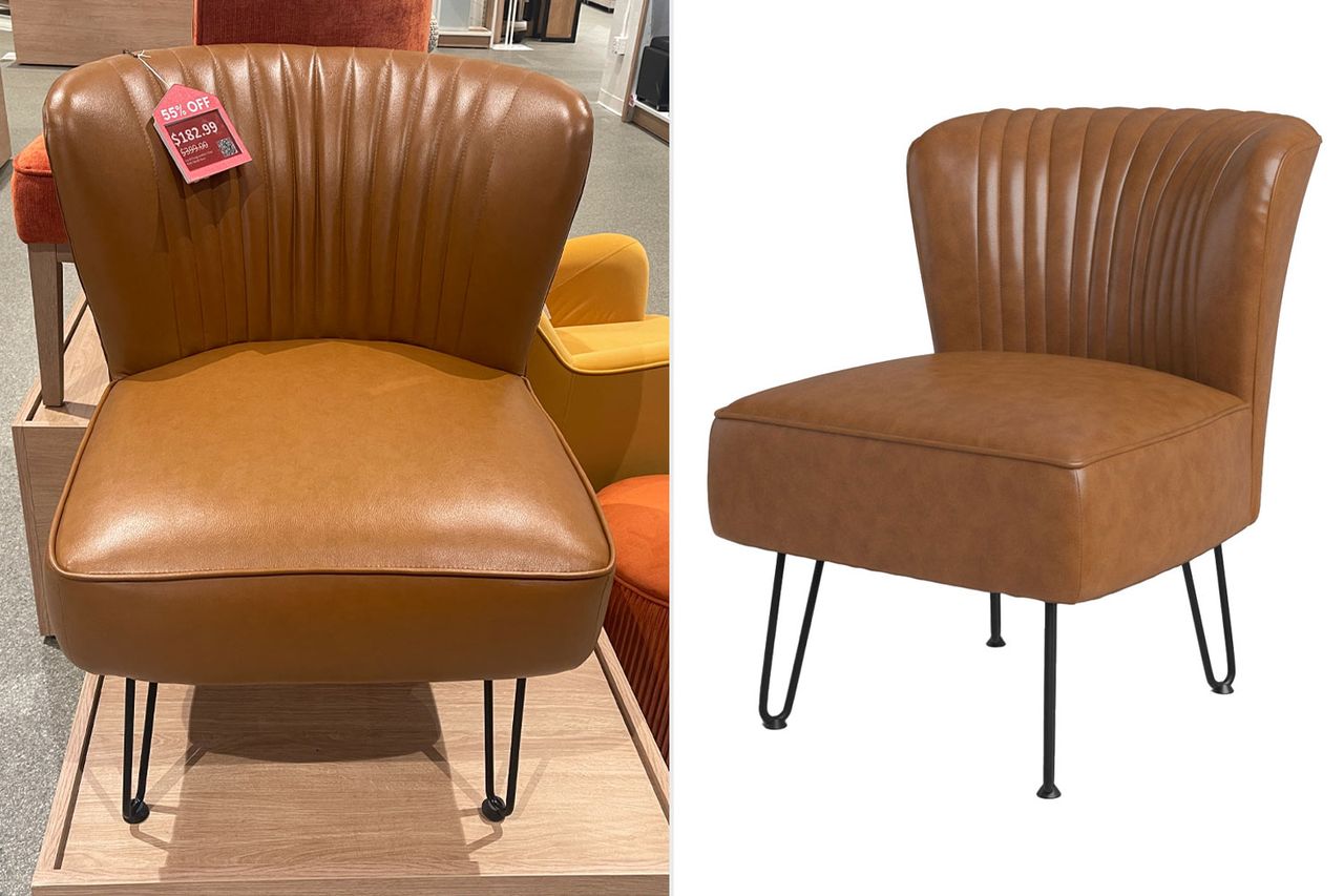 A faux leather chair with a metal base displayed in a store and separately in a plain environment Credit: Wayfair (1)