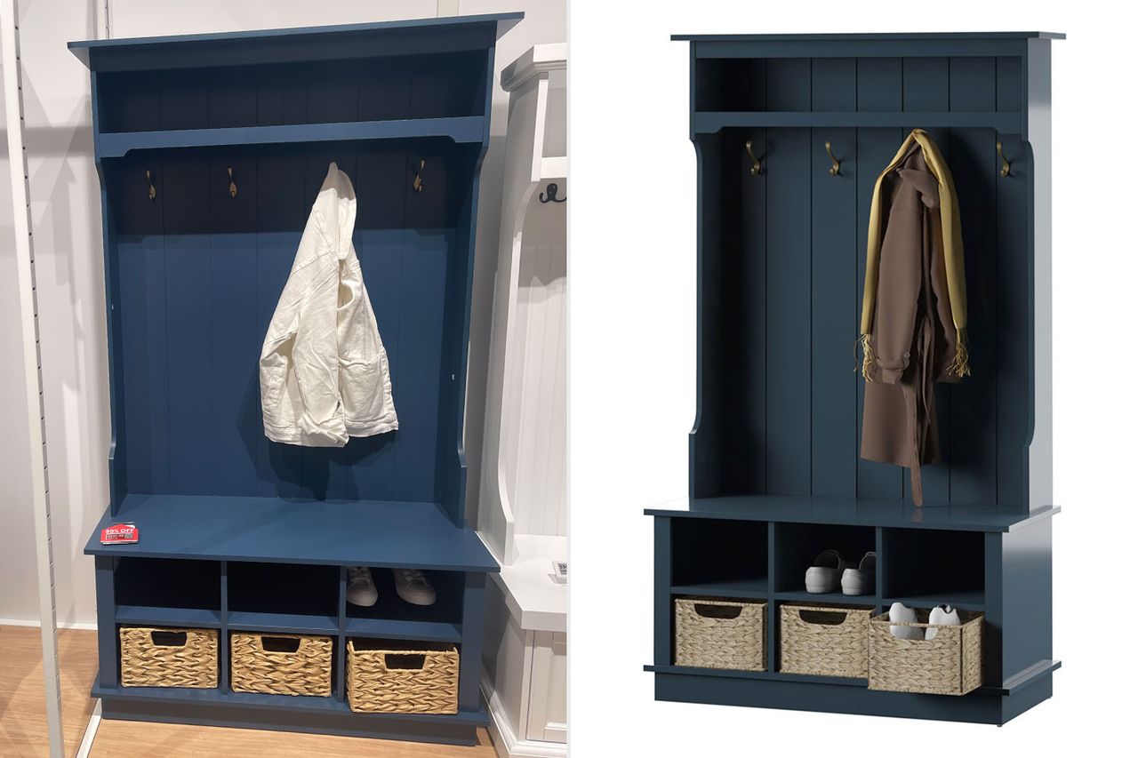 Two coat rack and storage bench units with hooks shelves and cubbies with baskets displayed indoors Credit: Wayfair (1)