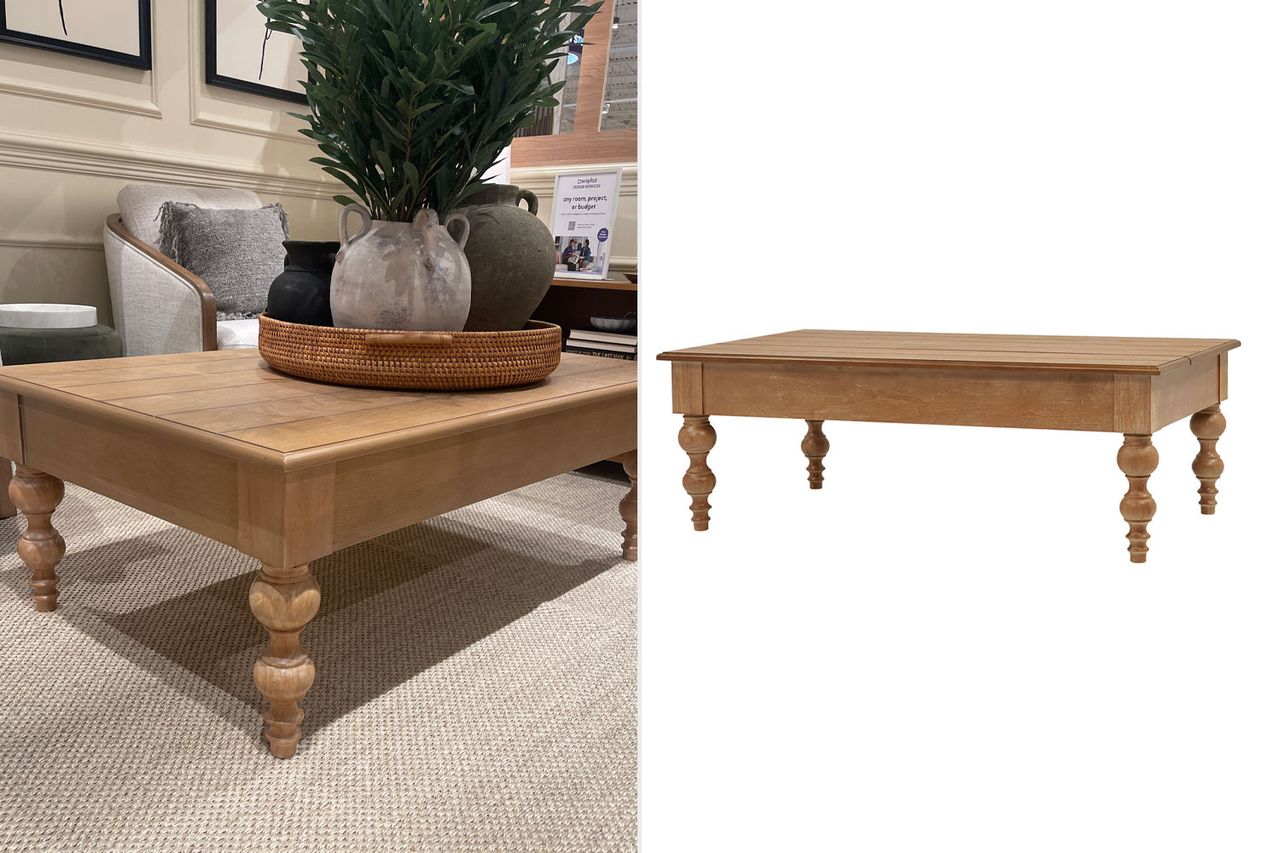 A farmhousestyle wooden coffee table with turned legs shown in a living room setting and as a standalone item Credit: Wayfair (1)