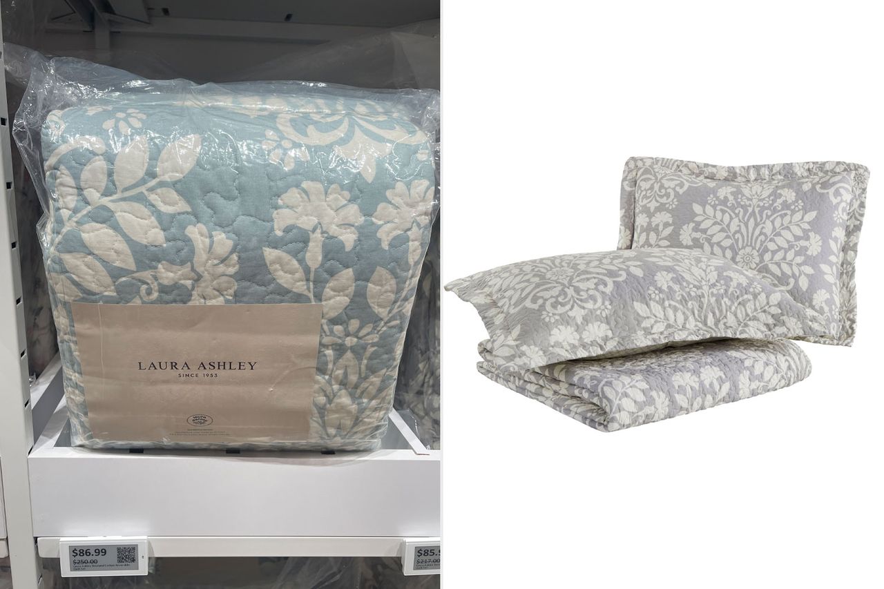 A Laura Ashley reversible quilt set packaged and displayed alongside the unboxed quilt and pillowcases Credit: Wayfair (1)