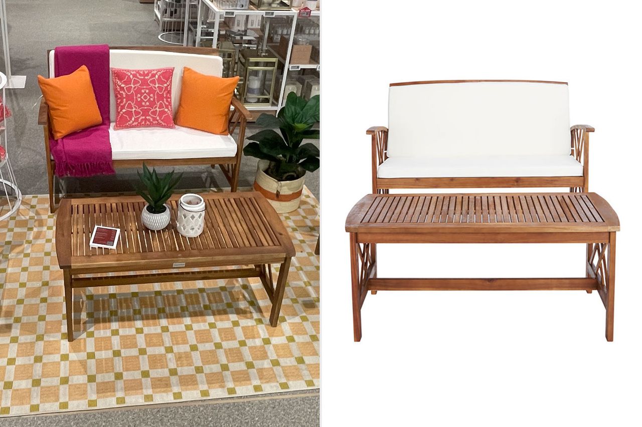 Outdoor sofa seating group with a wooden table decorative cushions and plants displayed in a showroom Credit: Wayfair (1)