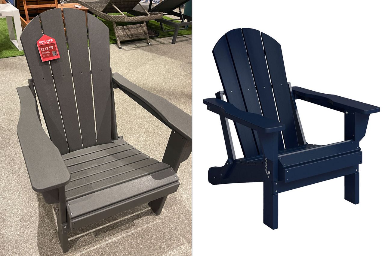 Two Adirondack chairs shown side by side one in a showroom setting and the other as a product image on a white background Credit: Wayfair (1)