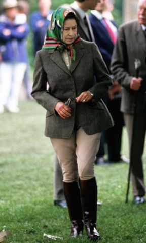 Queen Elizabeth wears riding gear while visiting the Royal Windsor Horse Show in Windsor, England, in May 1988Credit: Anwar Hussein/Getty
