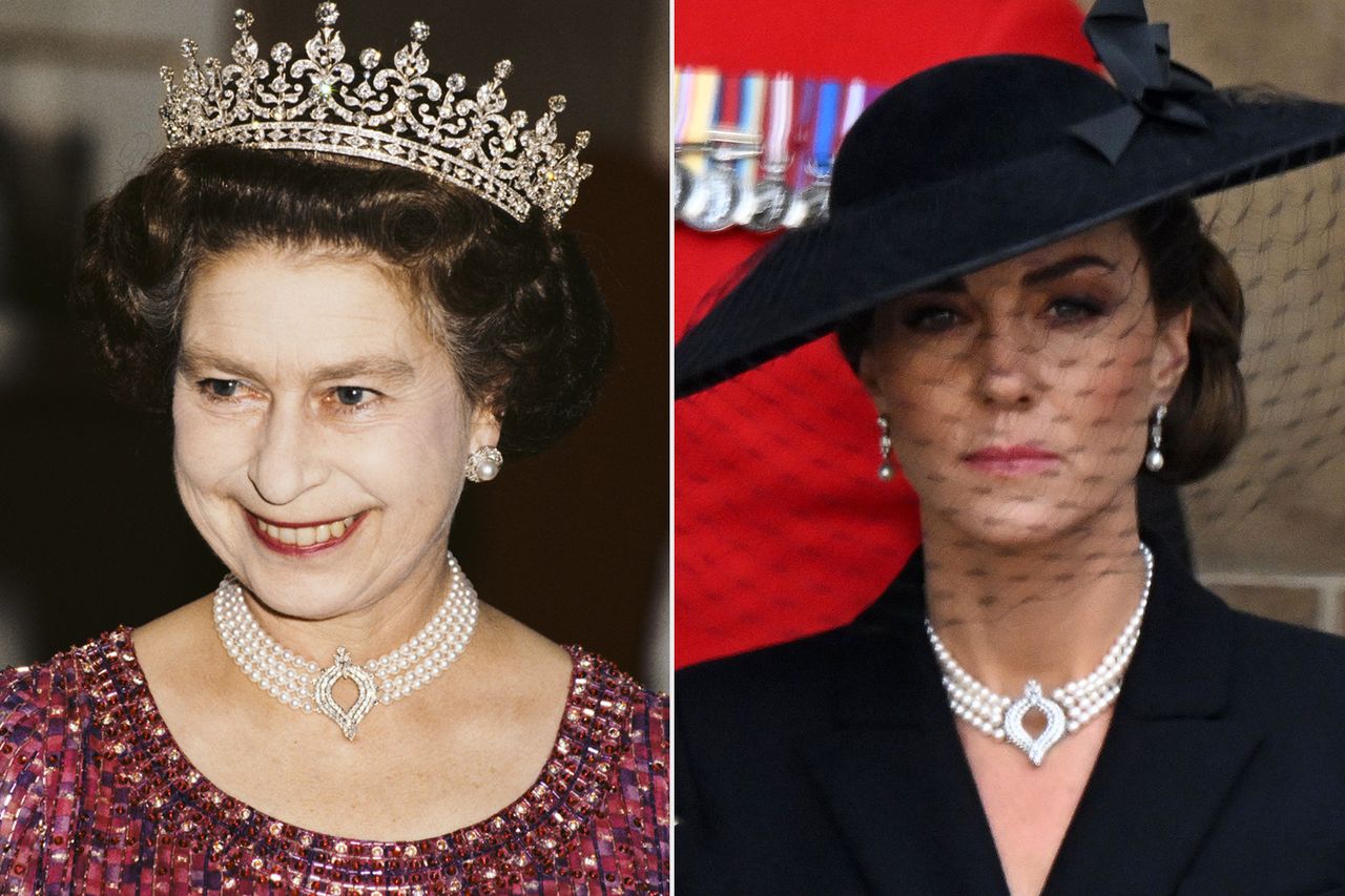 Queen Elizabeth and Kate Middleton wearing the same pearl chokerCredit: David Levenson/Getty; Tim Rooke/Shutterstock