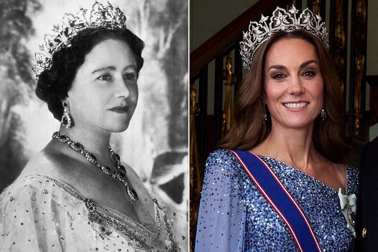The Queen Mother on her 50th birthday in 1950 in London; Catherine, Princess of Wales at a State Banquet at Windsor Castle on December 3, 2025. The Queen Mother on her 50th birthday in 1950 in London; Catherine, Princess of Wales at a State Banquet at Windsor Castle on December 3, 2025.Credit: Cecil Beaton/Underwood Archives/Getty; The Prince and Princess of Wales