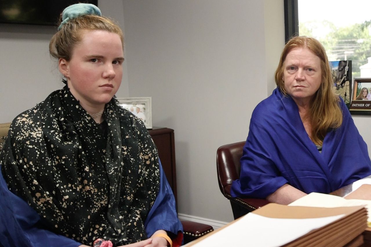 Asa Ellerup, estranged wife of alleged serial killer Rex A. Heuermann, and her daughter Victoria Heuermann sit in the office of their attorney in Central Islip, New York on July 31, 2023.Credit: James Carbone/Newsday RM via Getty