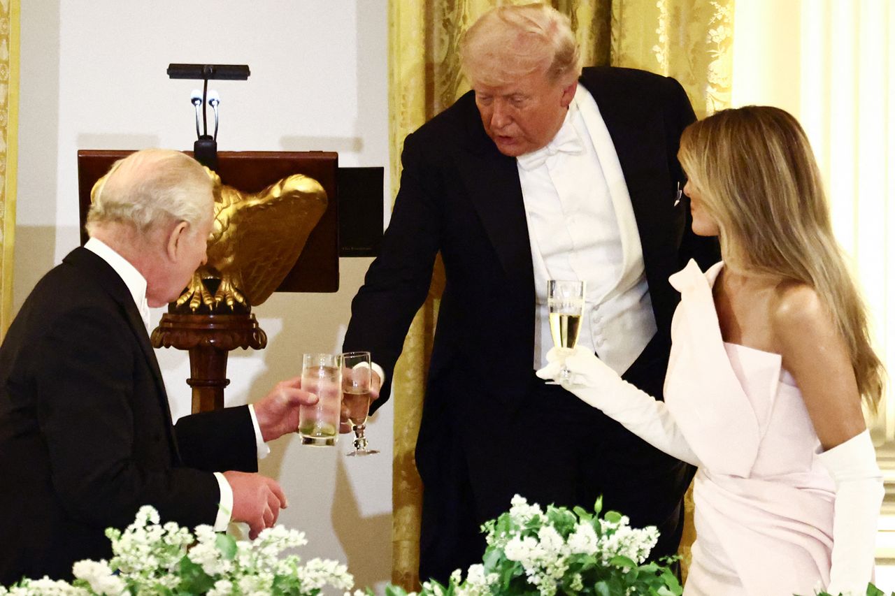 King Charles, Donald Trump and Melania Trump at the state dinner on April 28, 2026.Credit: Henry NICHOLLS / AFP via Getty