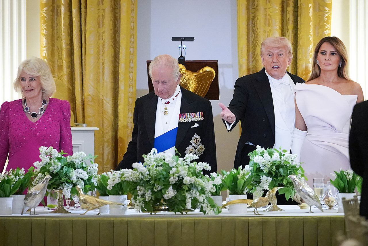 Queen Camilla, King Charles, Donald Trump and Melania Trump in the East Room for the state dinner on April 28, 2026.Credit: Andrew Harnik/Getty