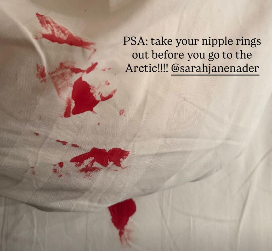 Brooks Nader Shows Bloody Aftermath of Sister's Nipple Rings Amid Arctic TripCredit: Brooks Nader/Instagram