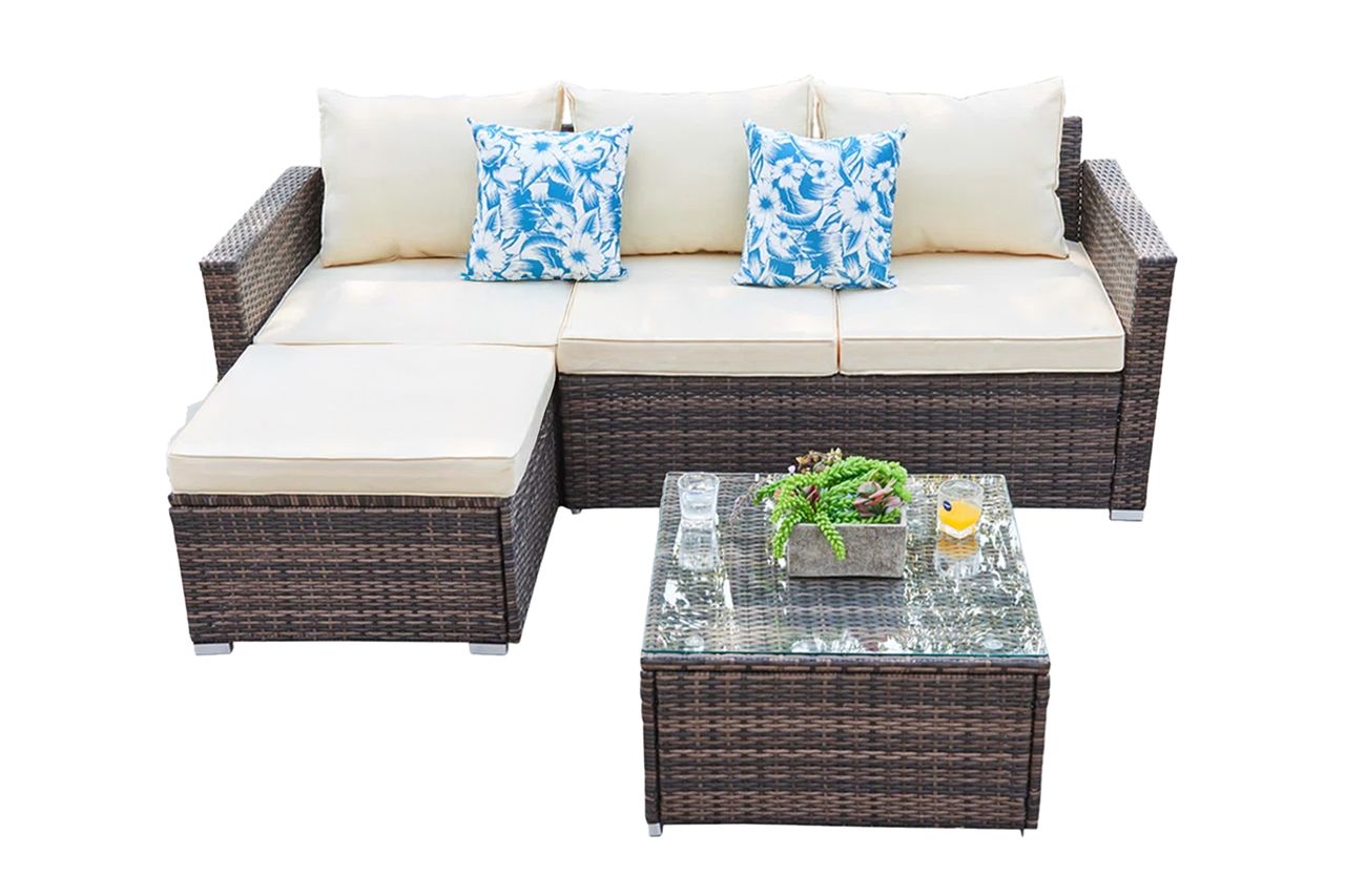 Southerland 3-Piece All-Weather Wicker Modular Sectional Set with Cushions & Glass Table Top Credit: Wayfair
