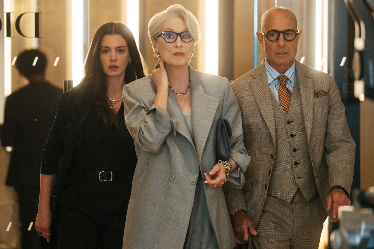 Anne Hathaway as Andy Sachs, Meryl Streep as Miranda Priestly and Stanley Tucci as Nigel Kipling in 20th Century Studios' THE DEVIL WEARS PRADA 2Credit: Macall Polay/20th Century Studios