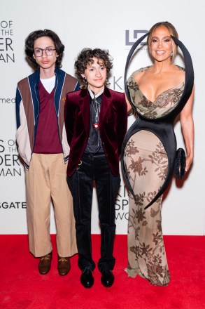 NEW YORK, NEW YORK - OCTOBER 06: (L-R) Max Muniz, Emme Muniz and Jennifer Lopez attends the "Kiss of the Spider Woman" New York Screening at The Shed on October 06, 2025 in New York City. (Photo by TheStewartofNY/WireImage)