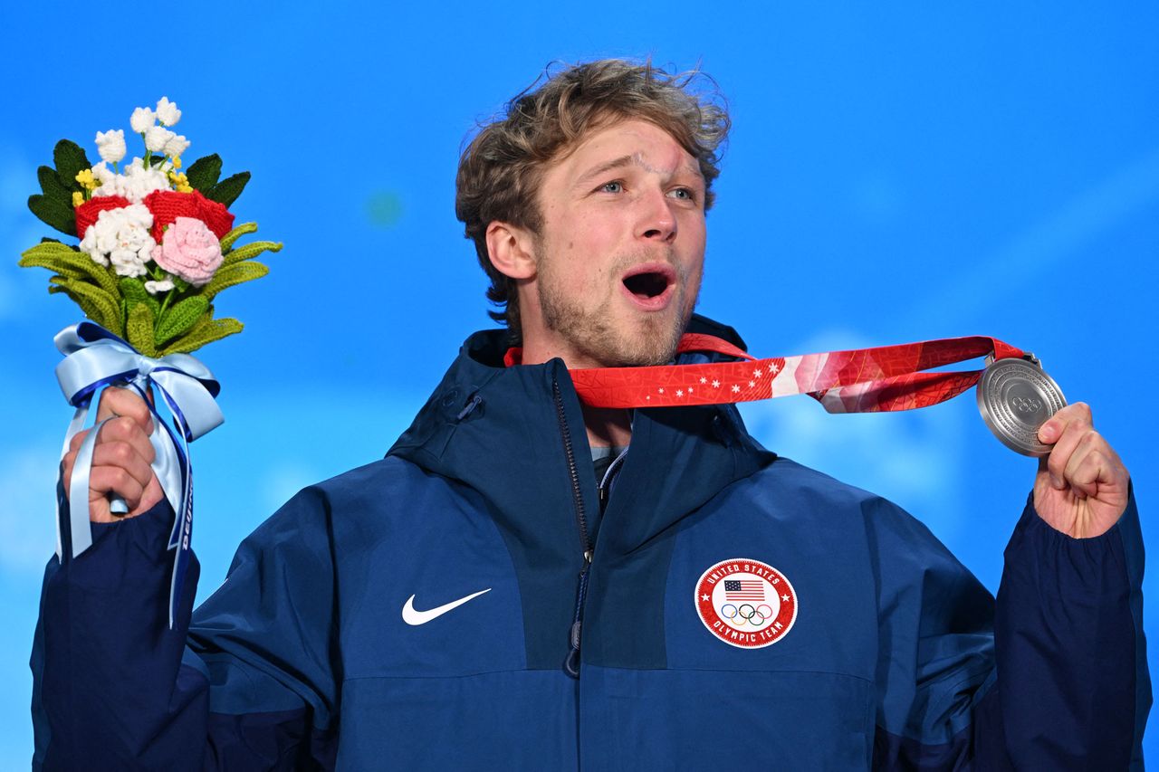 Colby Stevenson celebrates winning silver in the freestyle skiing men's freeski big air victory ceremony at the 2022 Winter Olympics in Beijing.Credit: Colby Stevenson/Instagram