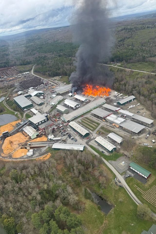 An aerial shot of the fire at a mill in Searsmont, Maine, on May 15, 2026Credit: Maine State Fire Marshal/Instagram