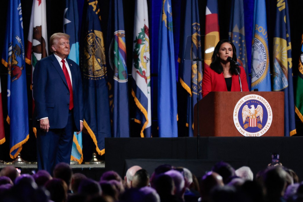 (L-R) Former US President and 2024 Republican presidential candidate Donald Trump looks on as former US Representative Tulsi Gabbard endorses him while she speaks at the National Guard Association conference in Detroit, Michigan, on August 26, 2024. (Photo by JEFF KOWALSKY / AFP) (Photo by JEFF KOWALSKY/AFP via Getty Images)