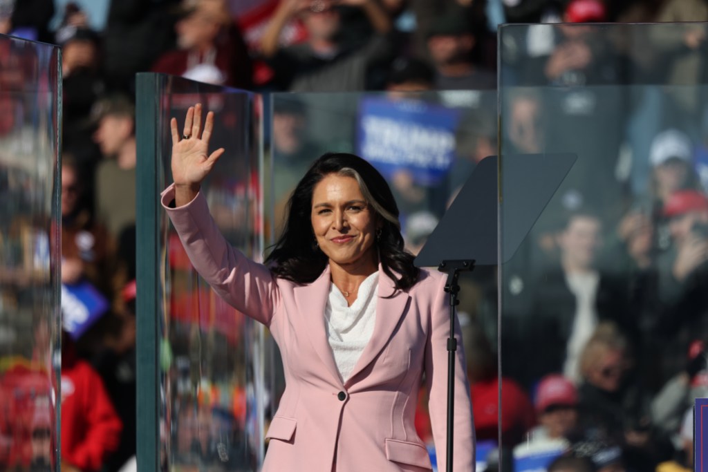 LITITZ, PENNSYLVANIA - NOVEMBER 03: Former Rep. Tulsi Gabbard (R-HI) takes the stage during a Republican presidential nominee, former U.S. President Donald Trump campaign rally at Lancaster Airport on November 03, 2024 in Lititz, Pennsylvania. Trump begins his day campaigning in battleground state of Pennsylvania, where 19 electoral votes up for grabs, where a recent New York Times and Siena College polls show a tie with Democratic presidential nominee, U.S. Vice President Kamala Harris. Trump will head to North Carolina and Georgia where Harris continues to lead in the polls.  (Photo by Michael M. Santiago/Getty Images)