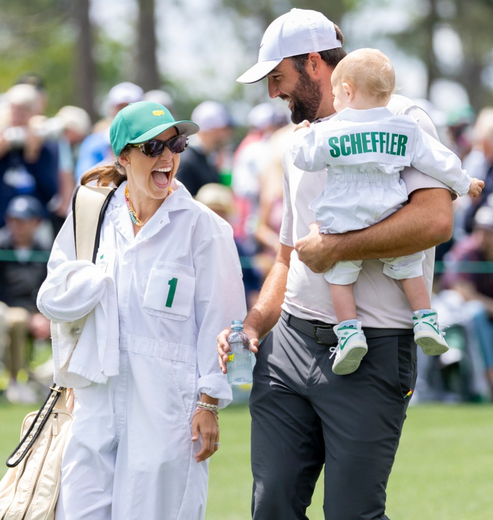 Masters champion Scottie Scheffler of the United States with his wife and son during the Par 3 Contest prior to the start of the 2025 Masters Tournament at Augusta National Golf Club, Wednesday, April 09, 2025. (Photo by Simon Bruty/Augusta National/Getty Images)