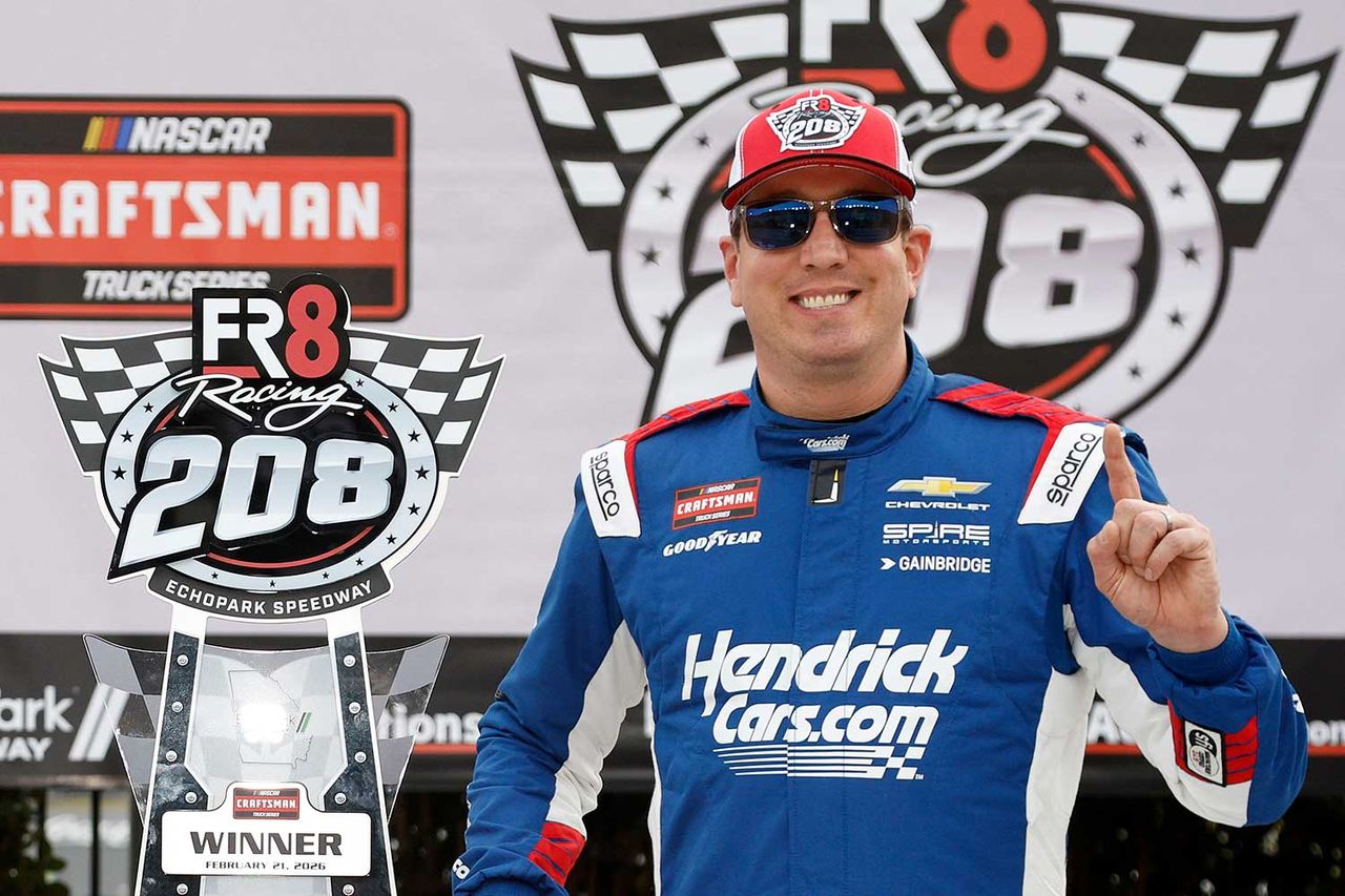 Kyle Busch, driver of the #7 HendrickCars.com Chevrolet, celebrates in victory lane after winning the NASCAR Craftsman Truck Series Fr8 Racing 208 at Echo Park Speedway on February 21, 2026 in Hampton, Georgia. Kyle BuschCredit: Sean Gardner/Getty
