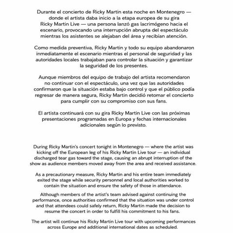Ricky Martin statement about incident at concert from Róndine AlcaláCredit: Róndine Alcalá/Instagram