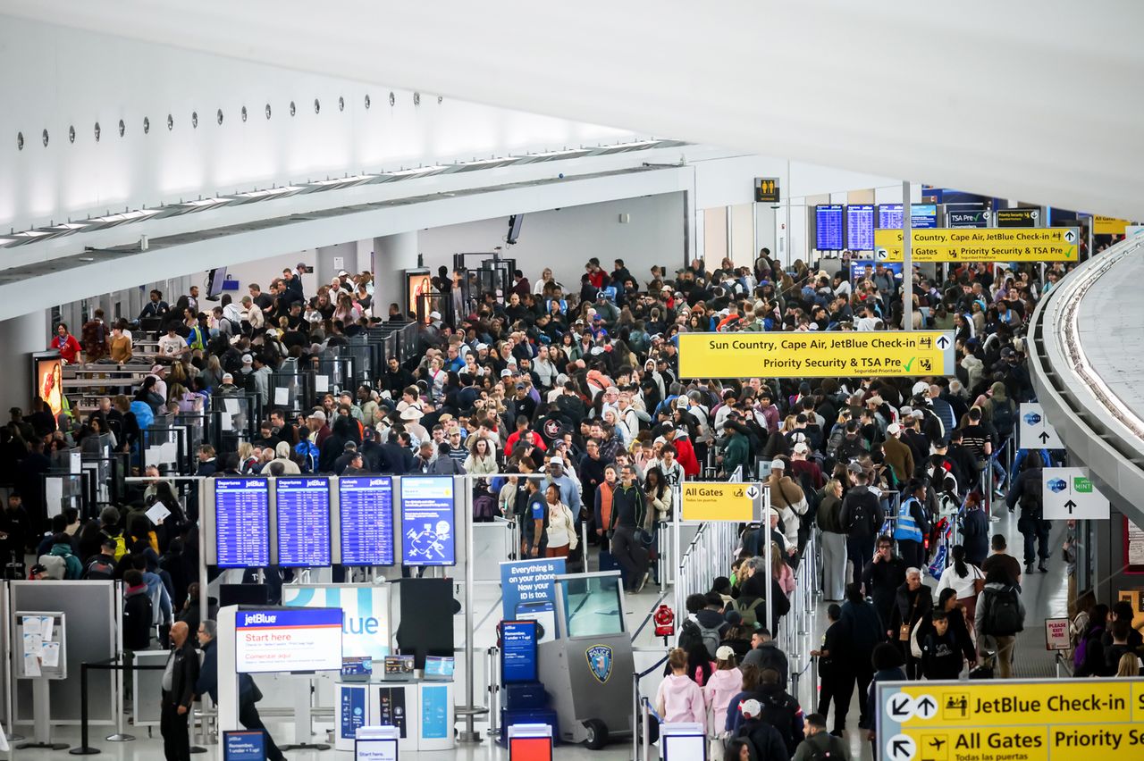 TSA checkpoint at John K. Kennedy International Airport in March 2026.Credit: Michael Nagle/Bloomberg via Getty