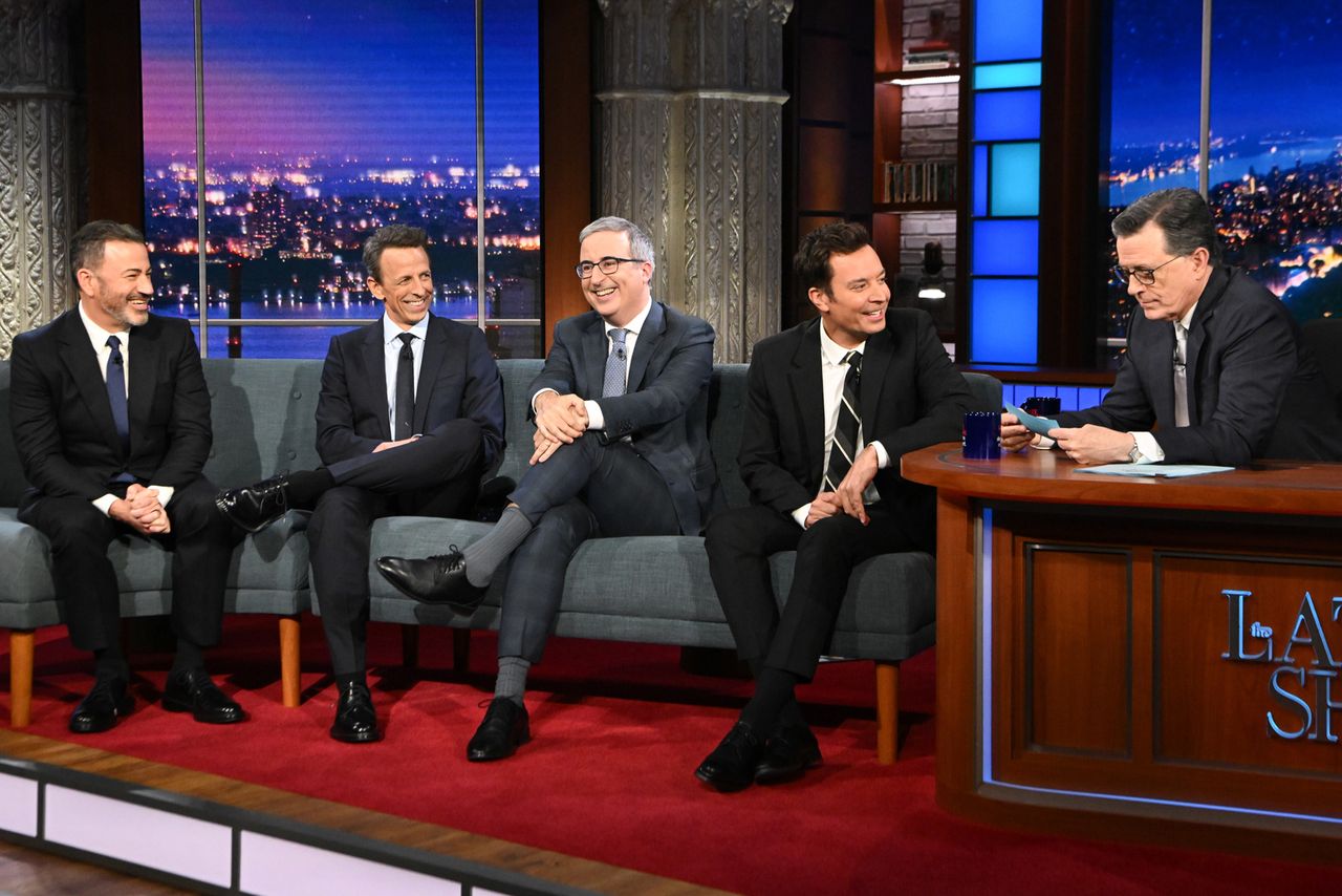 Jimmy Kimmel, Jimmy Fallon, John Oliver, Seth Meyers and Stephen ColbertCredit: Scott Kowalchyk/CBS