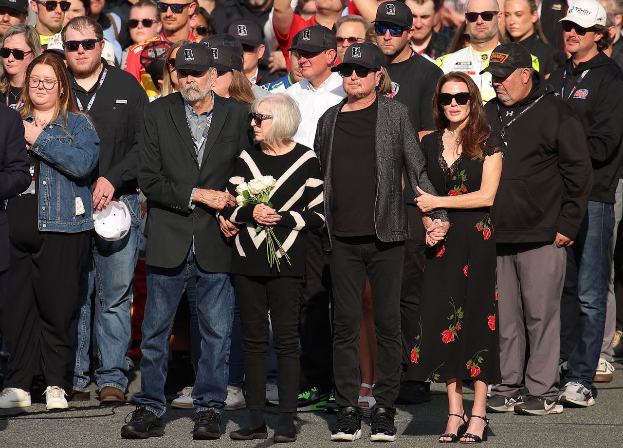 Tom Busch (father) Gaye Busch (mother) NASCAR Hall of Famer Kurt Busch (brother) and Lyda Moore at the remembrance ceremony for Kyle Busch, who passed away suddenly at the age of 41, on the grid prior to the NASCAR Cup Series Coca-Cola 600 at Charlotte Motor Speedway on May 24, 2026 in Concord, North Carolina. Tom Busch, Gaye Busch, NASCAR Hall of Famer Kurt Busch and Lyda Moore at the remembrance ceremony for Kyle Busch on May 24, 2026Credit: Jonathan Bachman/Getty