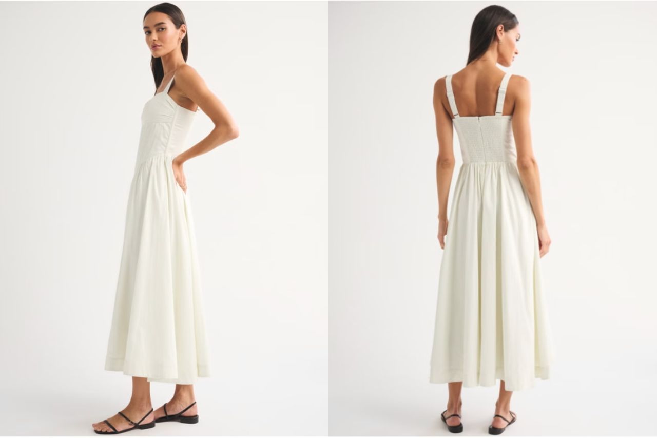 Model wearing a long white dress Credit: Abercrombie